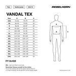 Storleksguide för Rebelhorn Textil Mc-Jacka Vandal Svart med mått i centimeter för olika storlekar från XXS till 10XL.