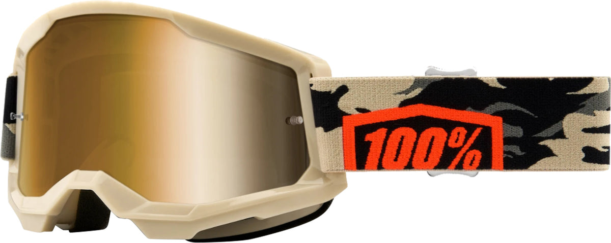 100% Goggles Strata 2 Kombat - Spegel med guldfärgad spegellins och kamouflagemönstrat band. Perfekt för motocross och offroad-skydd.