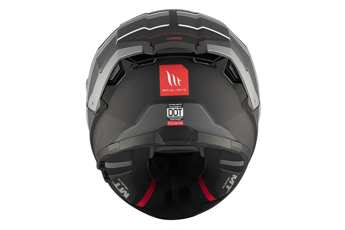 Baksidan av MT Helmets Integral Mc-Hjälm Thunder 4 SV R25 Svart med DOT- och ECE-certifiering samt modern grafik.